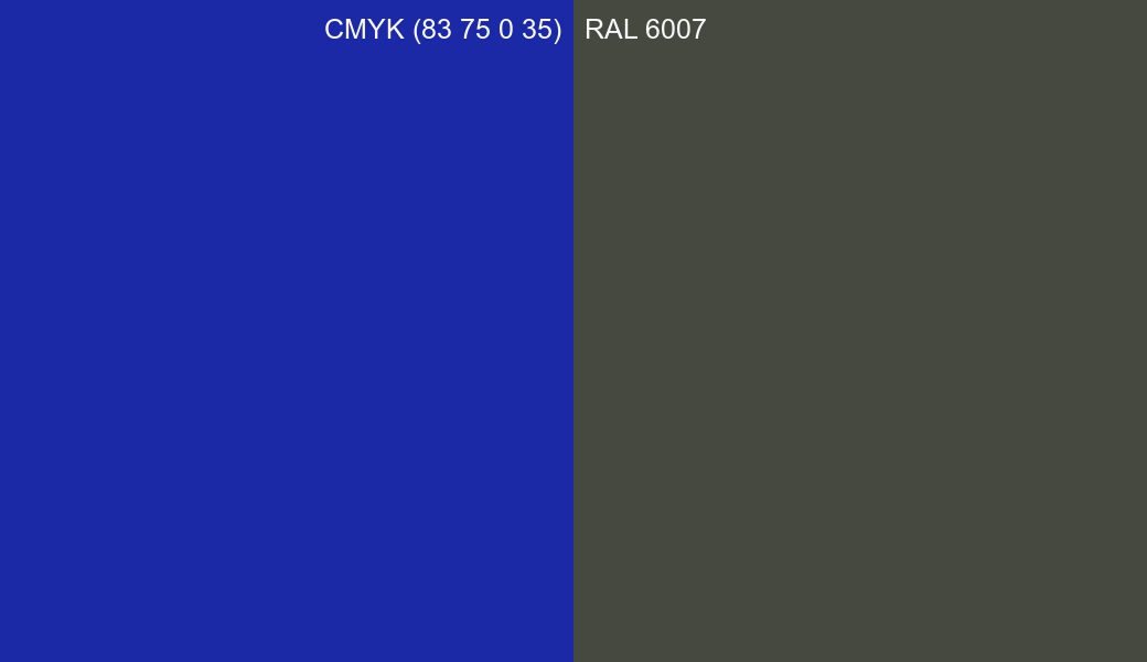 CMYK Color CMYK (83 75 0 35) vs RAL 6007 side by side comparison CMYK Color CMYK (83 75 0 35) vs RAL 6007 side by side comparison