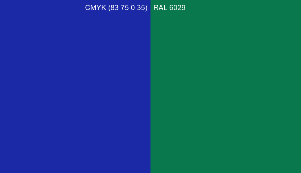 CMYK Color CMYK (83 75 0 35) vs RAL 6029 side by side comparison CMYK Color CMYK (83 75 0 35) vs RAL 6029 side by side comparison