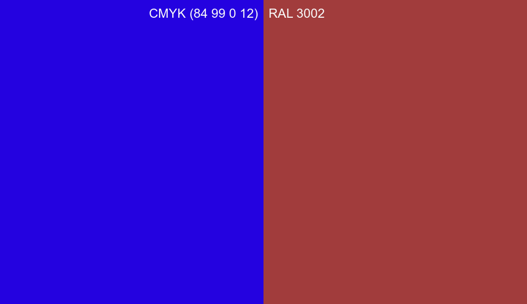 CMYK Color CMYK (84 99 0 12) vs RAL 3002 side by side comparison CMYK Color CMYK (84 99 0 12) vs RAL 3002 side by side comparison