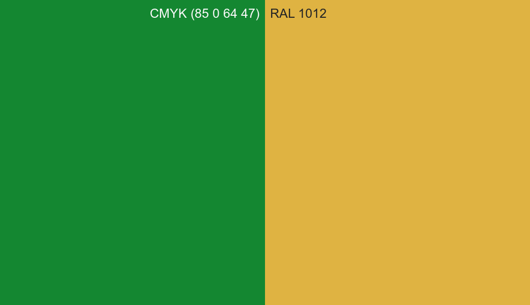 CMYK Color CMYK (85 0 64 47) vs RAL 1012 side by side comparison CMYK Color CMYK (85 0 64 47) vs RAL 1012 side by side comparison
