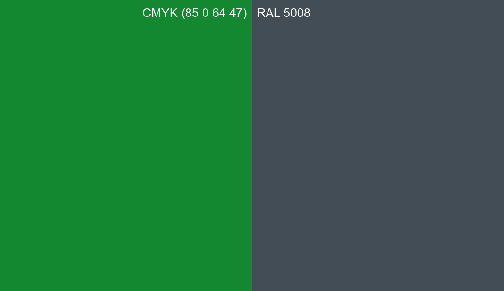CMYK Color CMYK (85 0 64 47) vs RAL 5008 side by side comparison CMYK Color CMYK (85 0 64 47) vs RAL 5008 side by side comparison