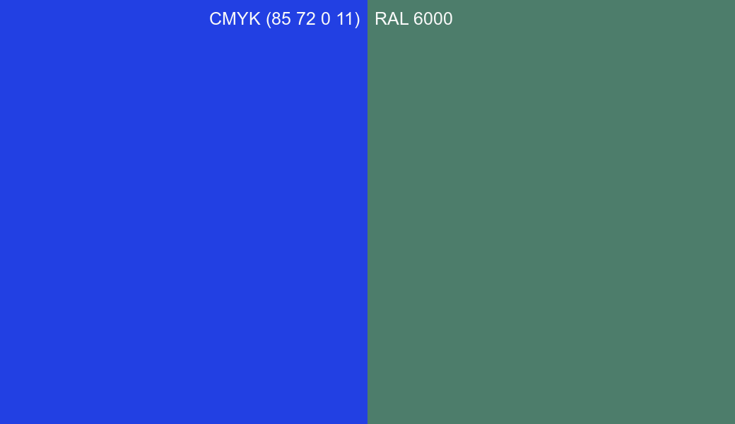 CMYK Color CMYK (85 72 0 11) vs RAL 6000 side by side comparison CMYK Color CMYK (85 72 0 11) vs RAL 6000 side by side comparison
