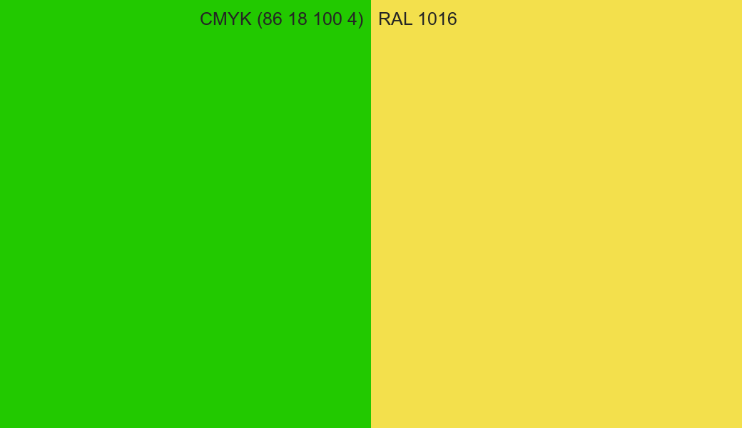 CMYK Color CMYK (86 18 100 4) vs RAL 1016 side by side comparison CMYK Color CMYK (86 18 100 4) vs RAL 1016 side by side comparison