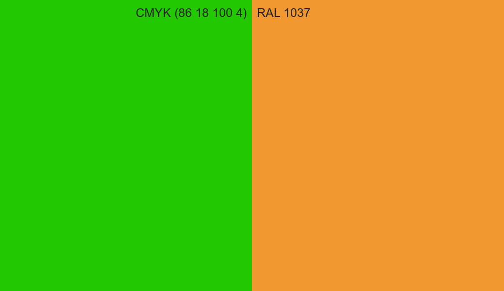 CMYK Color CMYK (86 18 100 4) vs RAL 1037 side by side comparison CMYK Color CMYK (86 18 100 4) vs RAL 1037 side by side comparison