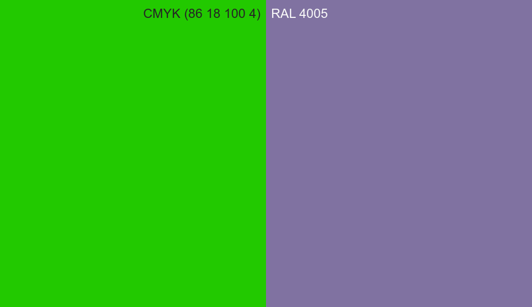 CMYK Color CMYK (86 18 100 4) vs RAL 4005 side by side comparison CMYK Color CMYK (86 18 100 4) vs RAL 4005 side by side comparison