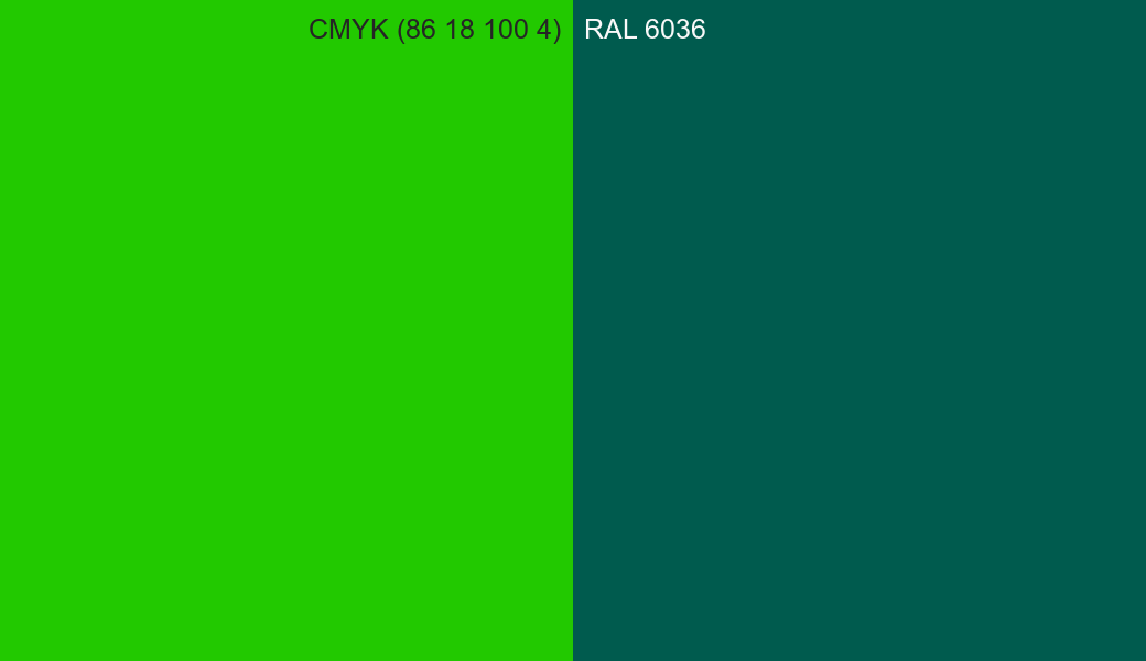 CMYK Color CMYK (86 18 100 4) vs RAL 6036 side by side comparison CMYK Color CMYK (86 18 100 4) vs RAL 6036 side by side comparison