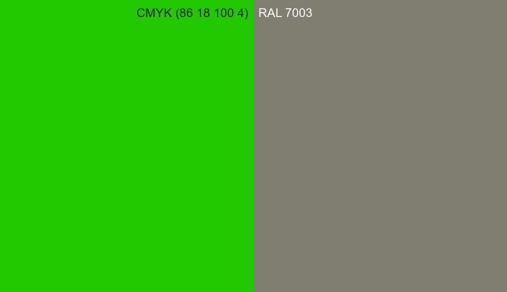 CMYK Color CMYK (86 18 100 4) vs RAL 7003 side by side comparison CMYK Color CMYK (86 18 100 4) vs RAL 7003 side by side comparison