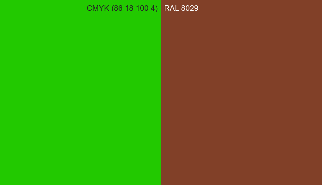 CMYK Color CMYK (86 18 100 4) vs RAL 8029 side by side comparison CMYK Color CMYK (86 18 100 4) vs RAL 8029 side by side comparison