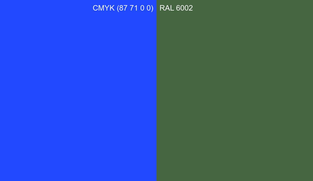 CMYK Color CMYK (87 71 0 0) vs RAL 6002 side by side comparison CMYK Color CMYK (87 71 0 0) vs RAL 6002 side by side comparison