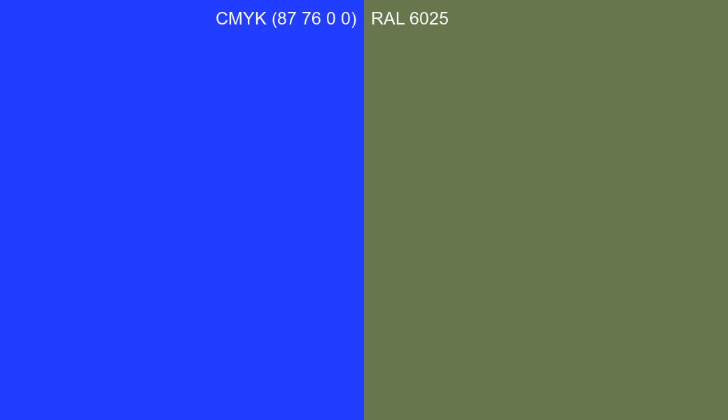 CMYK Color CMYK (87 76 0 0) vs RAL 6025 side by side comparison CMYK Color CMYK (87 76 0 0) vs RAL 6025 side by side comparison