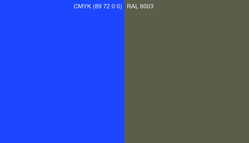 CMYK Color CMYK (89 72 0 0) vs RAL 6003 side by side comparison CMYK Color CMYK (89 72 0 0) vs RAL 6003 side by side comparison