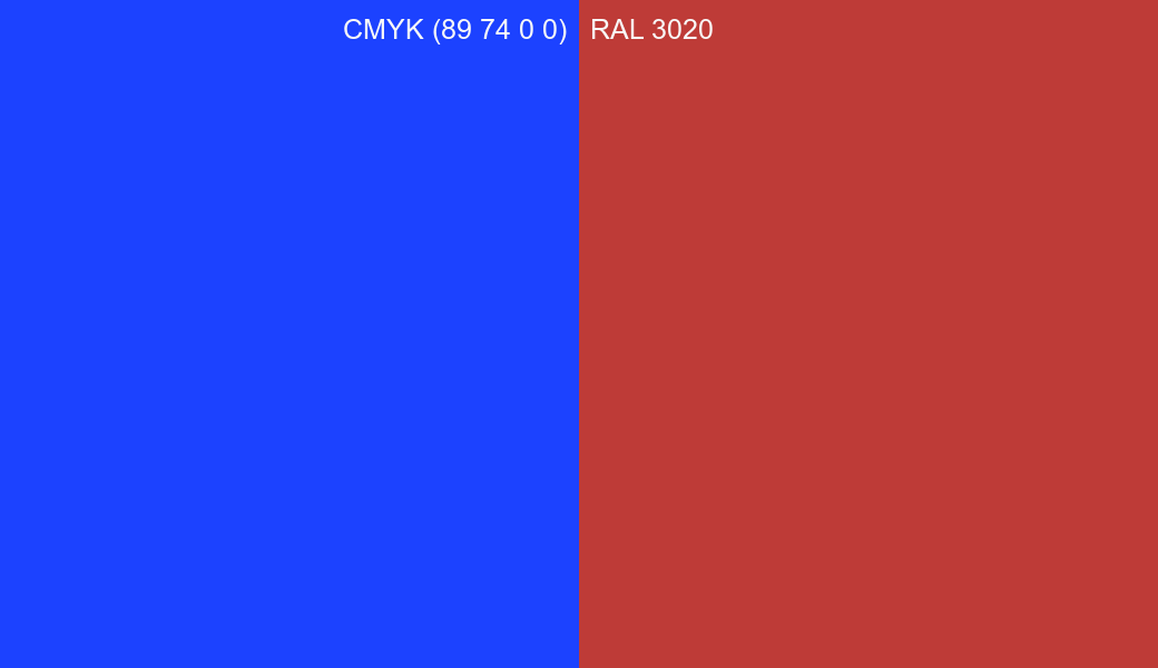 CMYK Color CMYK (89 74 0 0) vs RAL 3020 side by side comparison CMYK Color CMYK (89 74 0 0) vs RAL 3020 side by side comparison