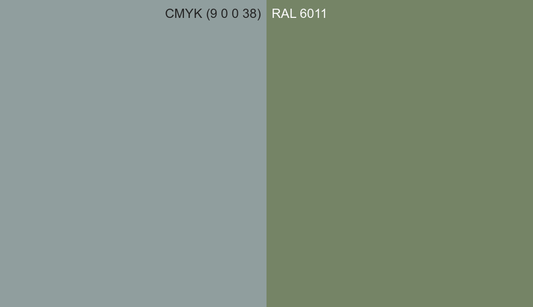 CMYK Color CMYK (9 0 0 38) vs RAL 6011 side by side comparison CMYK Color CMYK (9 0 0 38) vs RAL 6011 side by side comparison