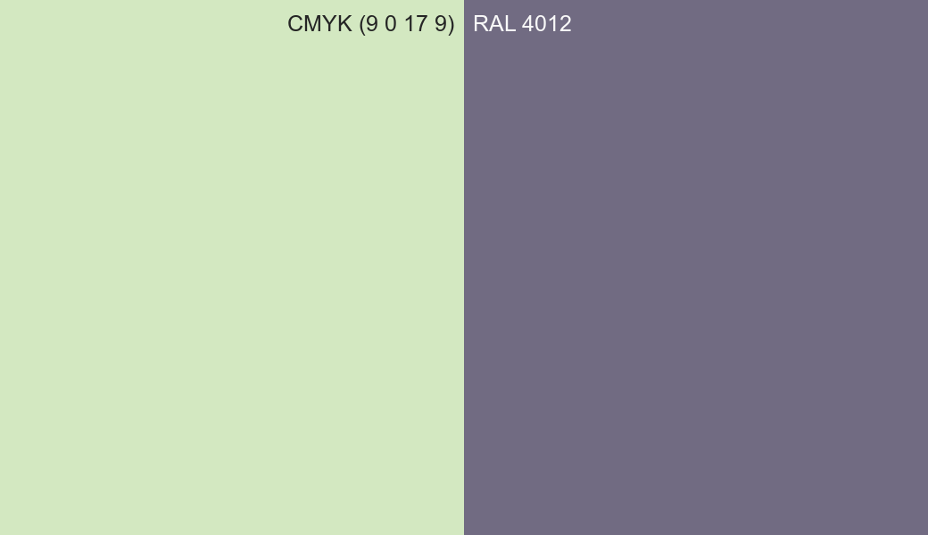 CMYK Color CMYK (9 0 17 9) vs RAL 4012 side by side comparison CMYK Color CMYK (9 0 17 9) vs RAL 4012 side by side comparison