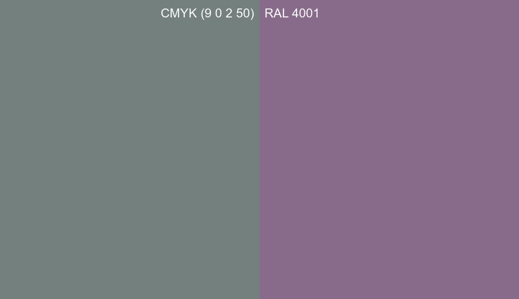 CMYK Color CMYK (9 0 2 50) vs RAL 4001 side by side comparison CMYK Color CMYK (9 0 2 50) vs RAL 4001 side by side comparison