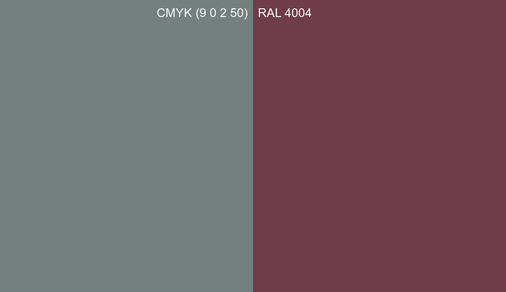CMYK Color CMYK (9 0 2 50) vs RAL 4004 side by side comparison CMYK Color CMYK (9 0 2 50) vs RAL 4004 side by side comparison