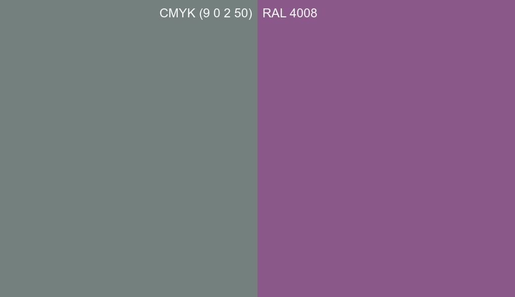 CMYK Color CMYK (9 0 2 50) vs RAL 4008 side by side comparison CMYK Color CMYK (9 0 2 50) vs RAL 4008 side by side comparison