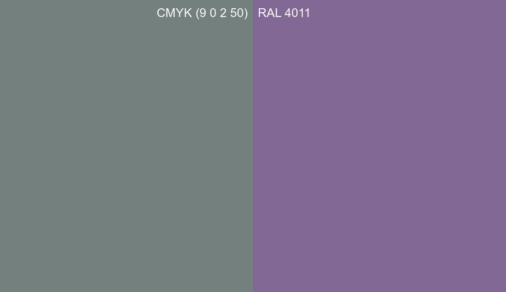 CMYK Color CMYK (9 0 2 50) vs RAL 4011 side by side comparison CMYK Color CMYK (9 0 2 50) vs RAL 4011 side by side comparison