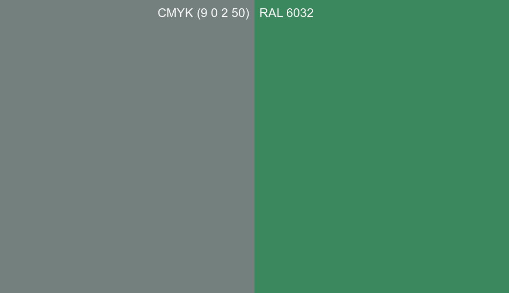 CMYK Color CMYK (9 0 2 50) vs RAL 6032 side by side comparison CMYK Color CMYK (9 0 2 50) vs RAL 6032 side by side comparison