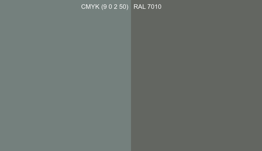CMYK Color CMYK (9 0 2 50) vs RAL 7010 side by side comparison CMYK Color CMYK (9 0 2 50) vs RAL 7010 side by side comparison