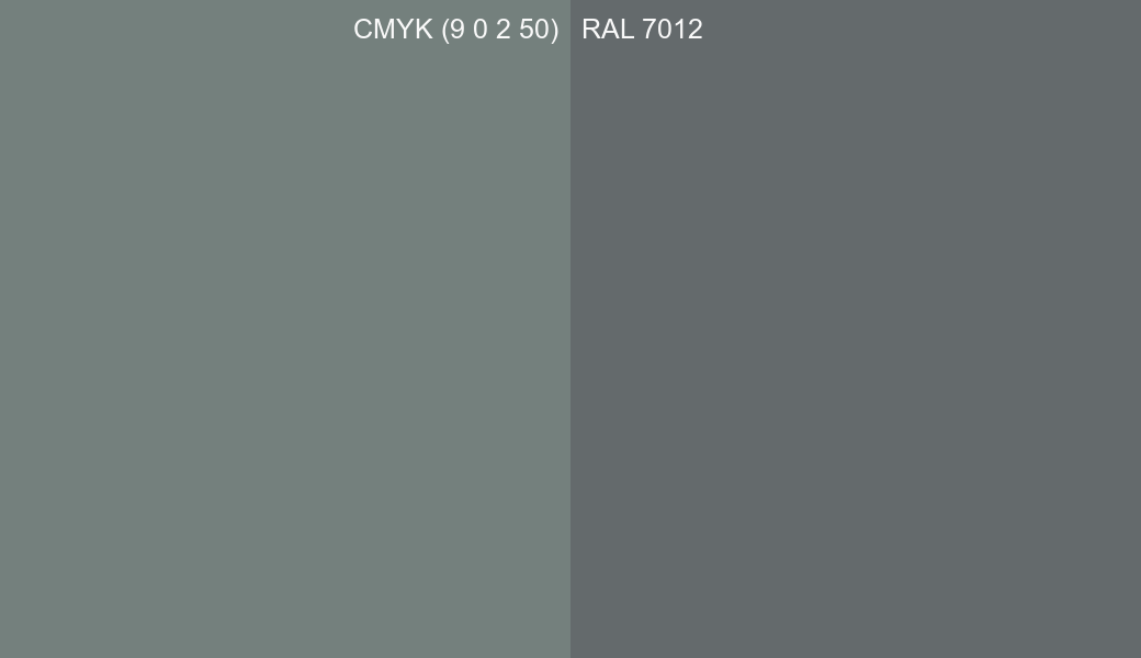 CMYK Color CMYK (9 0 2 50) vs RAL 7012 side by side comparison CMYK Color CMYK (9 0 2 50) vs RAL 7012 side by side comparison