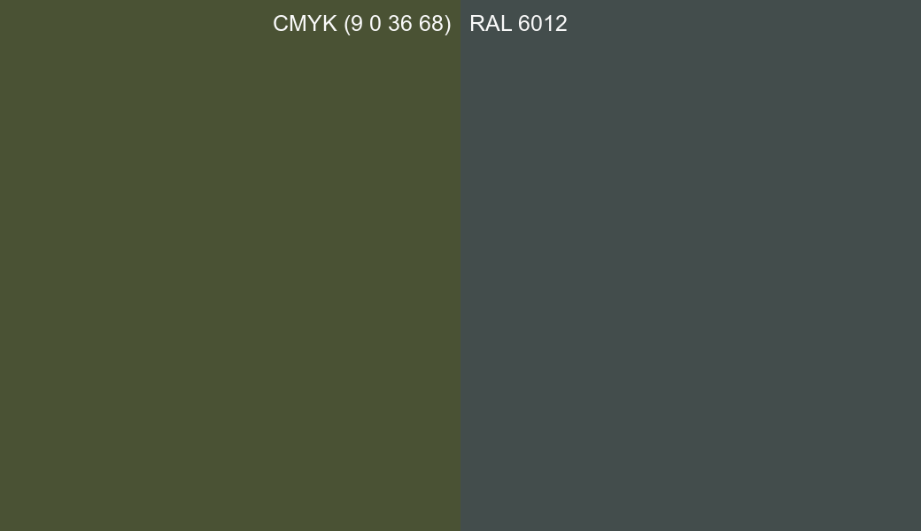 CMYK Color CMYK (9 0 36 68) vs RAL 6012 side by side comparison CMYK Color CMYK (9 0 36 68) vs RAL 6012 side by side comparison