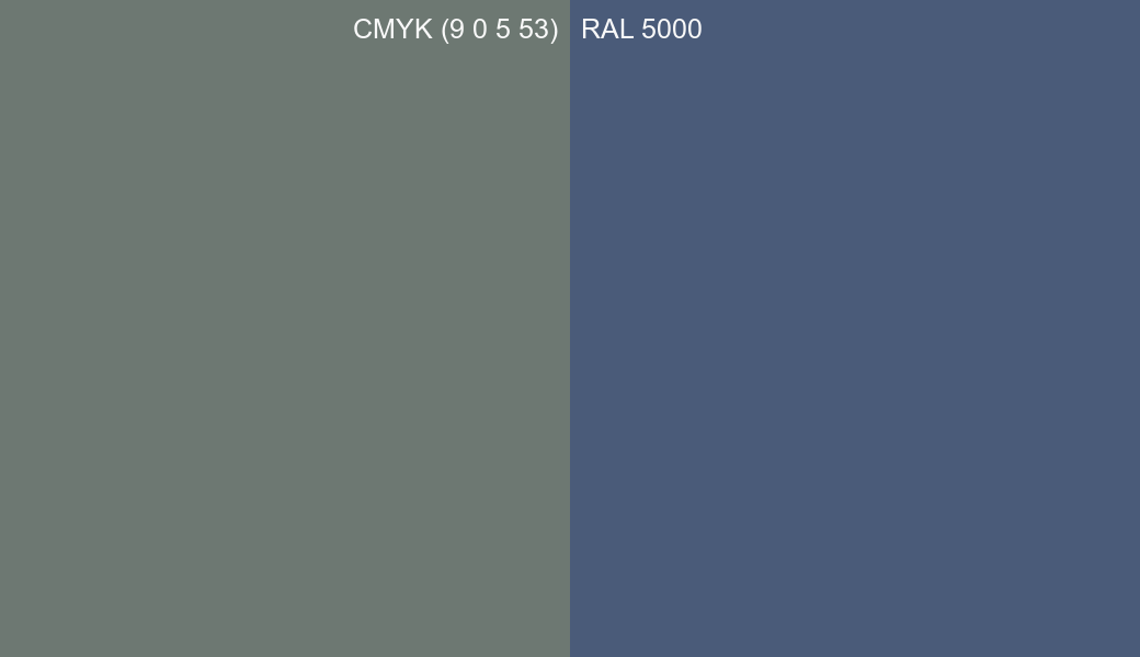 CMYK Color CMYK (9 0 5 53) vs RAL 5000 side by side comparison CMYK Color CMYK (9 0 5 53) vs RAL 5000 side by side comparison