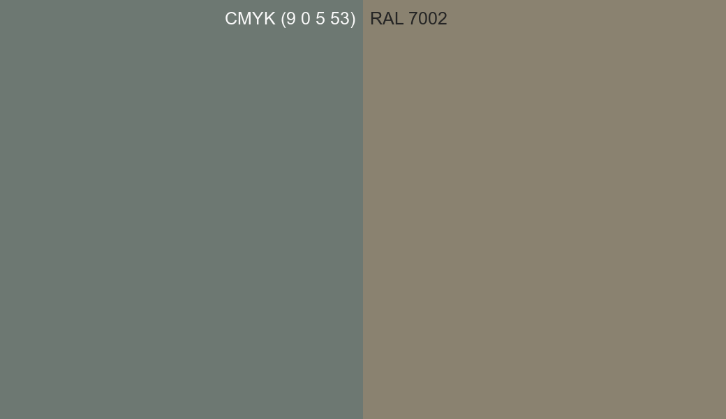 CMYK Color CMYK (9 0 5 53) vs RAL 7002 side by side comparison CMYK Color CMYK (9 0 5 53) vs RAL 7002 side by side comparison