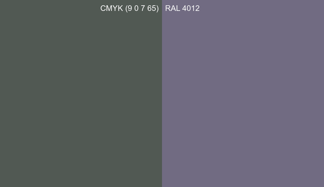 CMYK Color CMYK (9 0 7 65) vs RAL 4012 side by side comparison CMYK Color CMYK (9 0 7 65) vs RAL 4012 side by side comparison