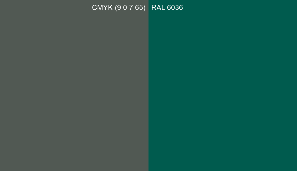 CMYK Color CMYK (9 0 7 65) vs RAL 6036 side by side comparison CMYK Color CMYK (9 0 7 65) vs RAL 6036 side by side comparison