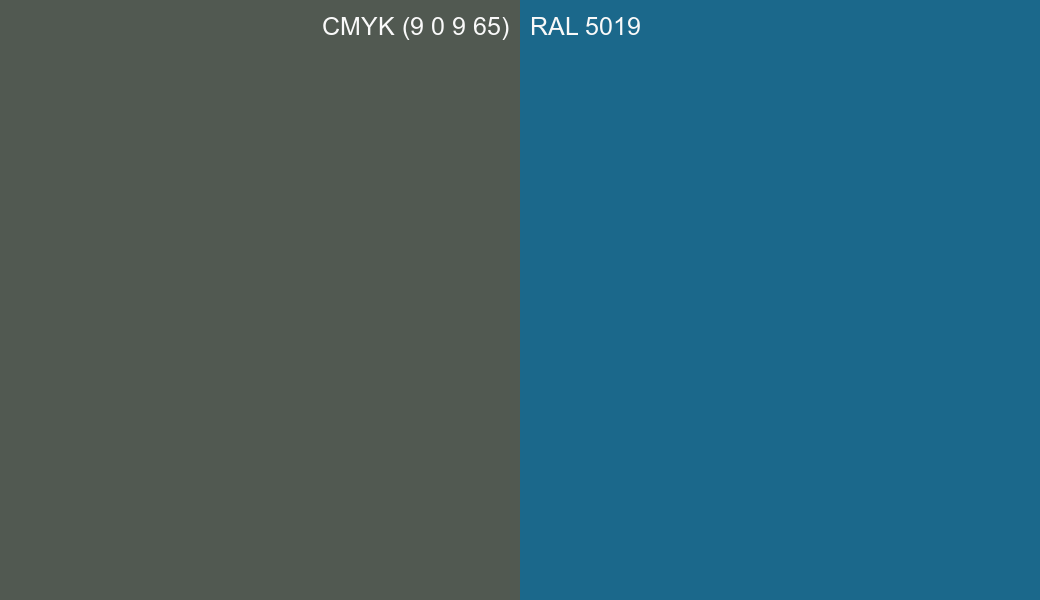 CMYK Color CMYK (9 0 9 65) vs RAL 5019 side by side comparison CMYK Color CMYK (9 0 9 65) vs RAL 5019 side by side comparison