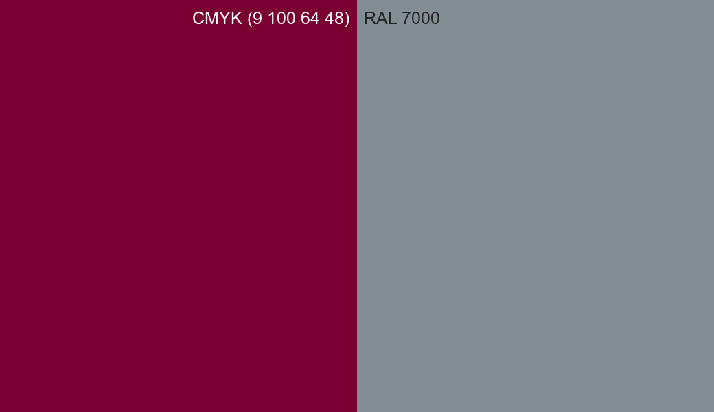 CMYK Color CMYK (9 100 64 48) vs RAL 7000 side by side comparison CMYK Color CMYK (9 100 64 48) vs RAL 7000 side by side comparison