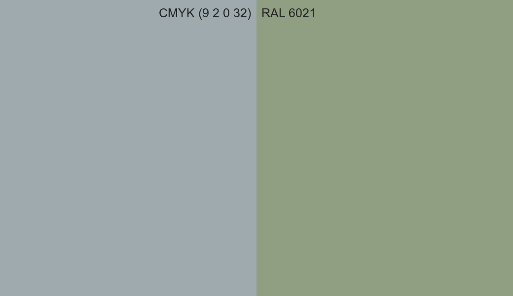 CMYK Color CMYK (9 2 0 32) vs RAL 6021 side by side comparison CMYK Color CMYK (9 2 0 32) vs RAL 6021 side by side comparison