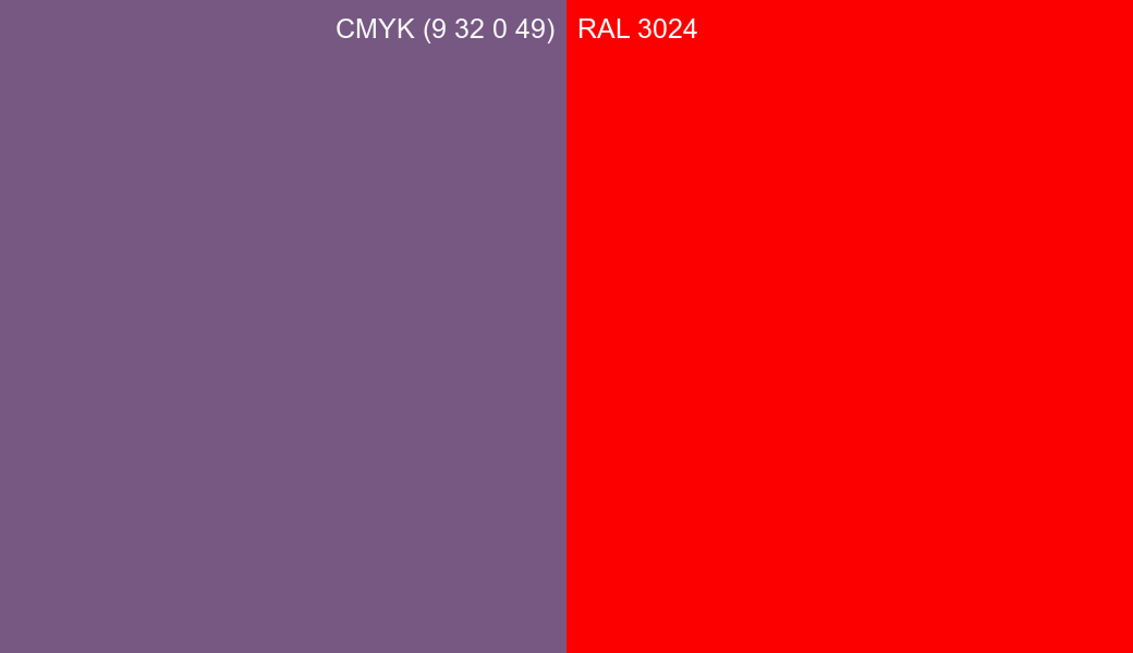 CMYK Color CMYK (9 32 0 49) vs RAL 3024 side by side comparison CMYK Color CMYK (9 32 0 49) vs RAL 3024 side by side comparison