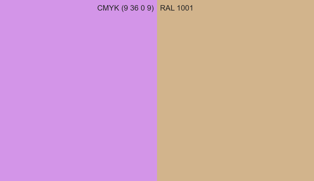 CMYK Color CMYK (9 36 0 9) vs RAL 1001 side by side comparison CMYK Color CMYK (9 36 0 9) vs RAL 1001 side by side comparison