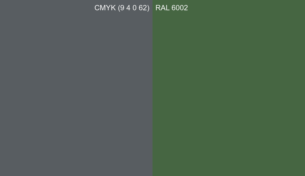 CMYK Color CMYK (9 4 0 62) vs RAL 6002 side by side comparison CMYK Color CMYK (9 4 0 62) vs RAL 6002 side by side comparison
