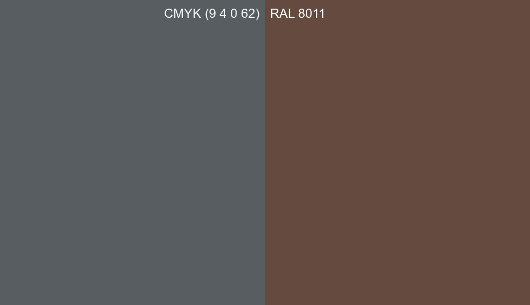 CMYK Color CMYK (9 4 0 62) vs RAL 8011 side by side comparison CMYK Color CMYK (9 4 0 62) vs RAL 8011 side by side comparison