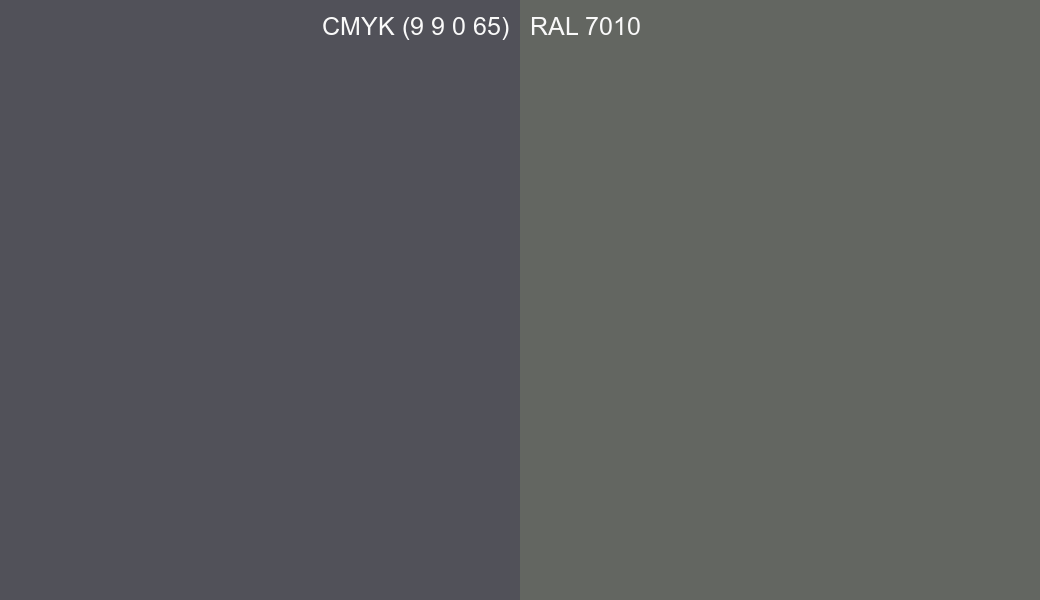 CMYK Color CMYK (9 9 0 65) vs RAL 7010 side by side comparison CMYK Color CMYK (9 9 0 65) vs RAL 7010 side by side comparison