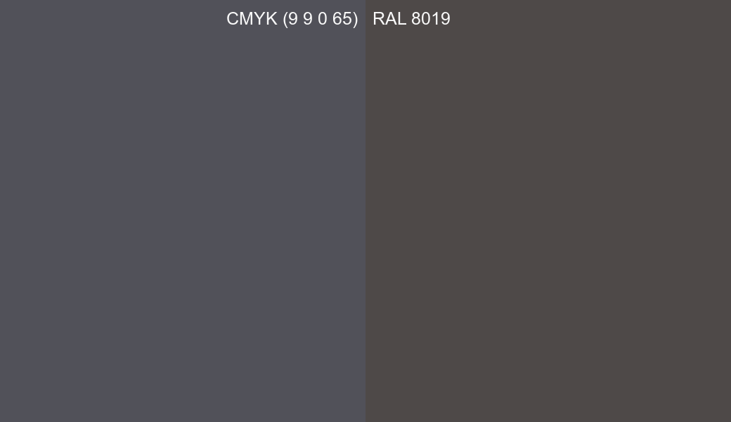 CMYK Color CMYK (9 9 0 65) vs RAL 8019 side by side comparison CMYK Color CMYK (9 9 0 65) vs RAL 8019 side by side comparison