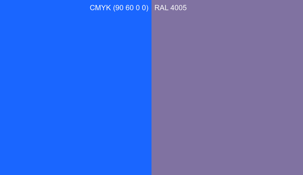 CMYK Color CMYK (90 60 0 0) vs RAL 4005 side by side comparison CMYK Color CMYK (90 60 0 0) vs RAL 4005 side by side comparison