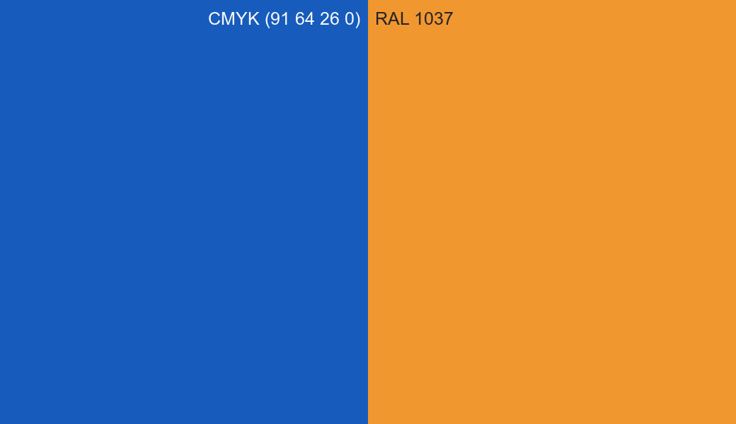 CMYK Color CMYK (91 64 26 0) vs RAL 1037 side by side comparison CMYK Color CMYK (91 64 26 0) vs RAL 1037 side by side comparison