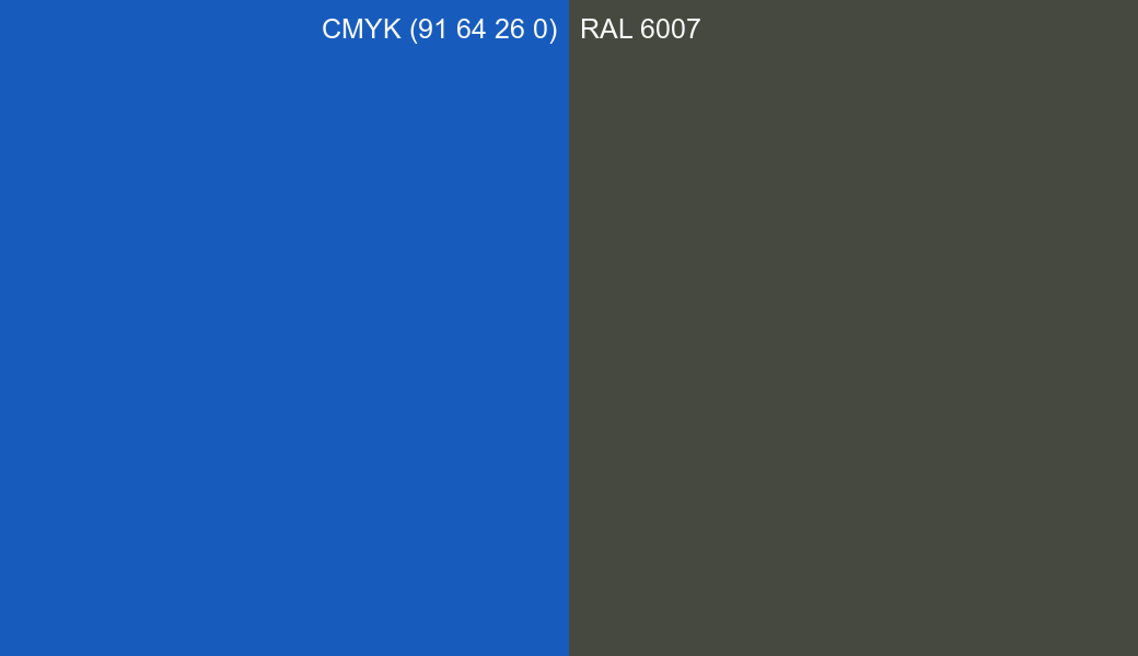 CMYK Color CMYK (91 64 26 0) vs RAL 6007 side by side comparison CMYK Color CMYK (91 64 26 0) vs RAL 6007 side by side comparison
