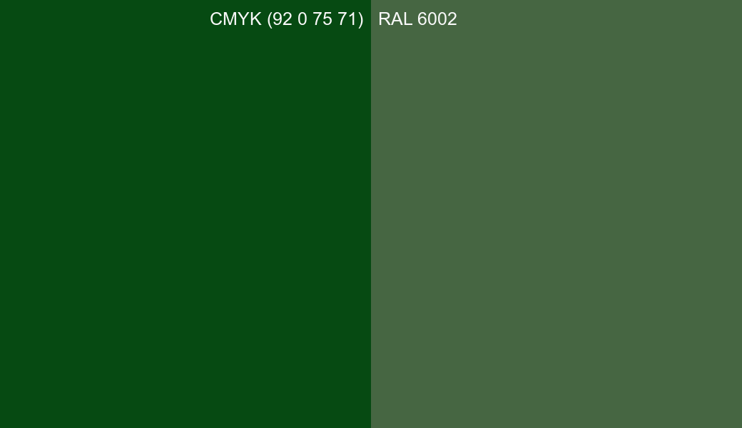 CMYK Color CMYK (92 0 75 71) vs RAL 6002 side by side comparison CMYK Color CMYK (92 0 75 71) vs RAL 6002 side by side comparison