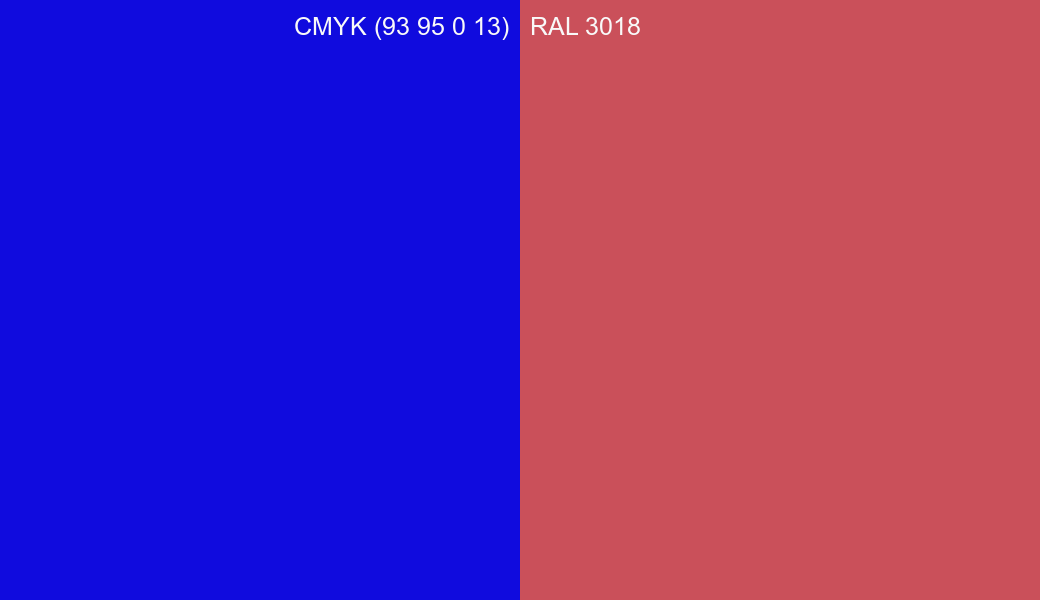 CMYK Color CMYK (93 95 0 13) vs RAL 3018 side by side comparison CMYK Color CMYK (93 95 0 13) vs RAL 3018 side by side comparison