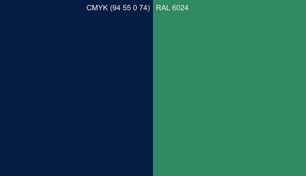 CMYK Color CMYK (94 55 0 74) vs RAL 6024 side by side comparison CMYK Color CMYK (94 55 0 74) vs RAL 6024 side by side comparison