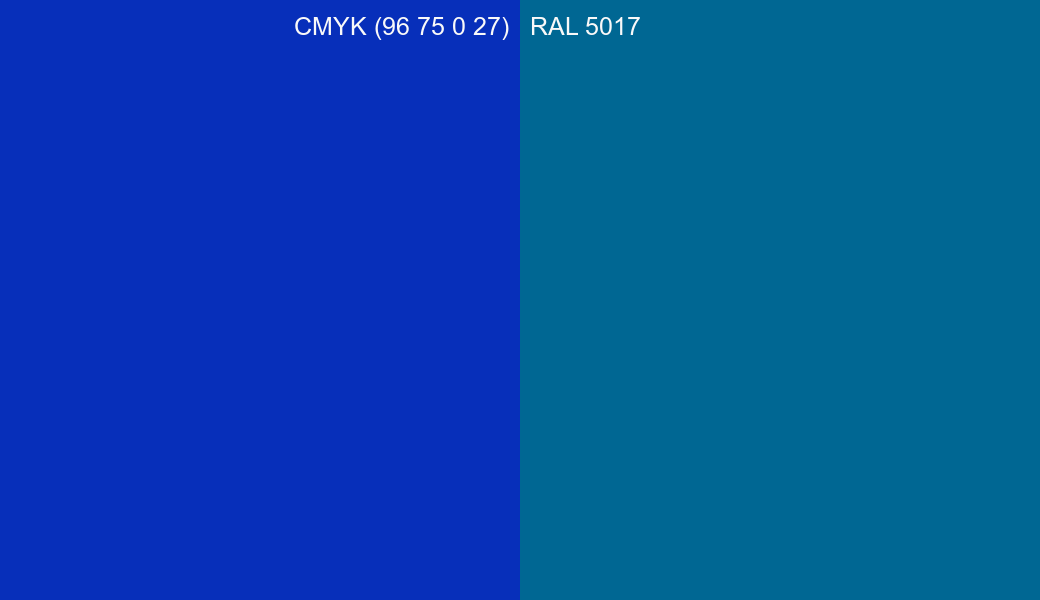 CMYK Color CMYK (96 75 0 27) vs RAL 5017 side by side comparison CMYK Color CMYK (96 75 0 27) vs RAL 5017 side by side comparison