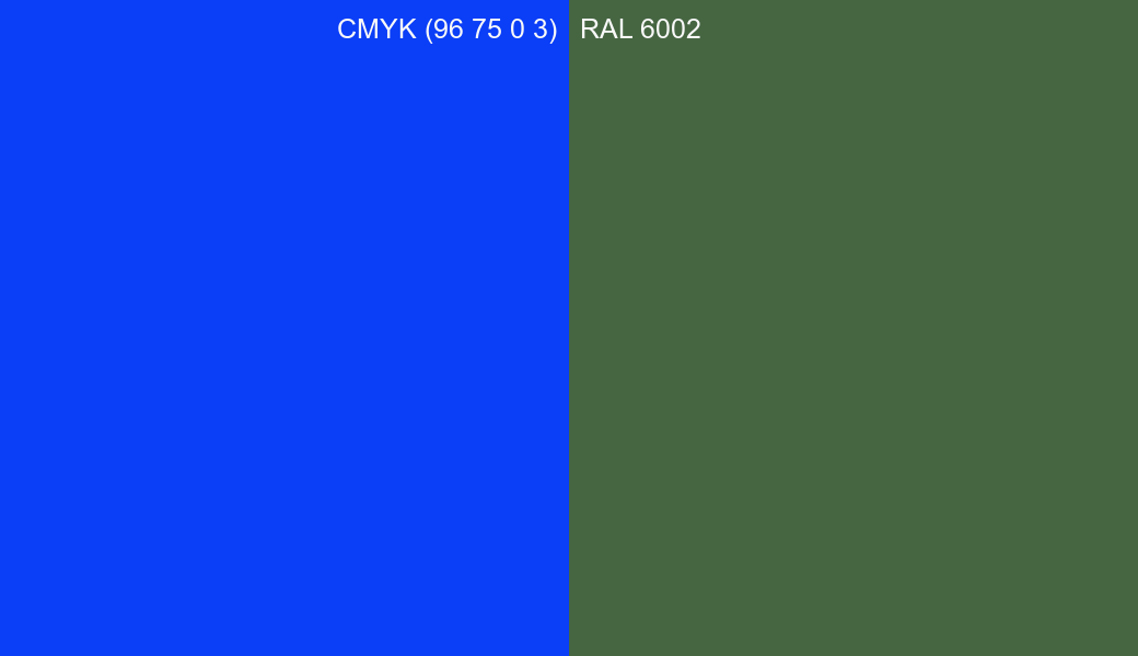 CMYK Color CMYK (96 75 0 3) vs RAL 6002 side by side comparison CMYK Color CMYK (96 75 0 3) vs RAL 6002 side by side comparison