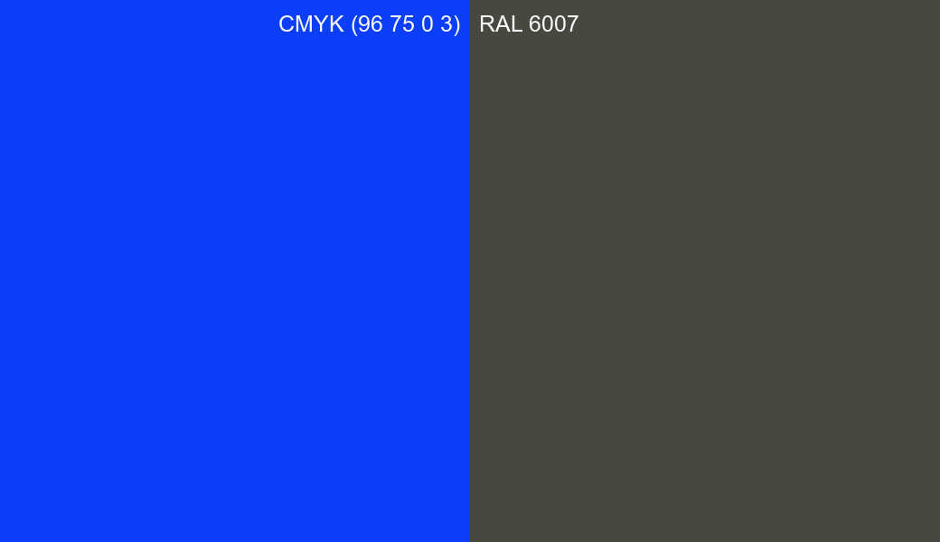 CMYK Color CMYK (96 75 0 3) vs RAL 6007 side by side comparison CMYK Color CMYK (96 75 0 3) vs RAL 6007 side by side comparison