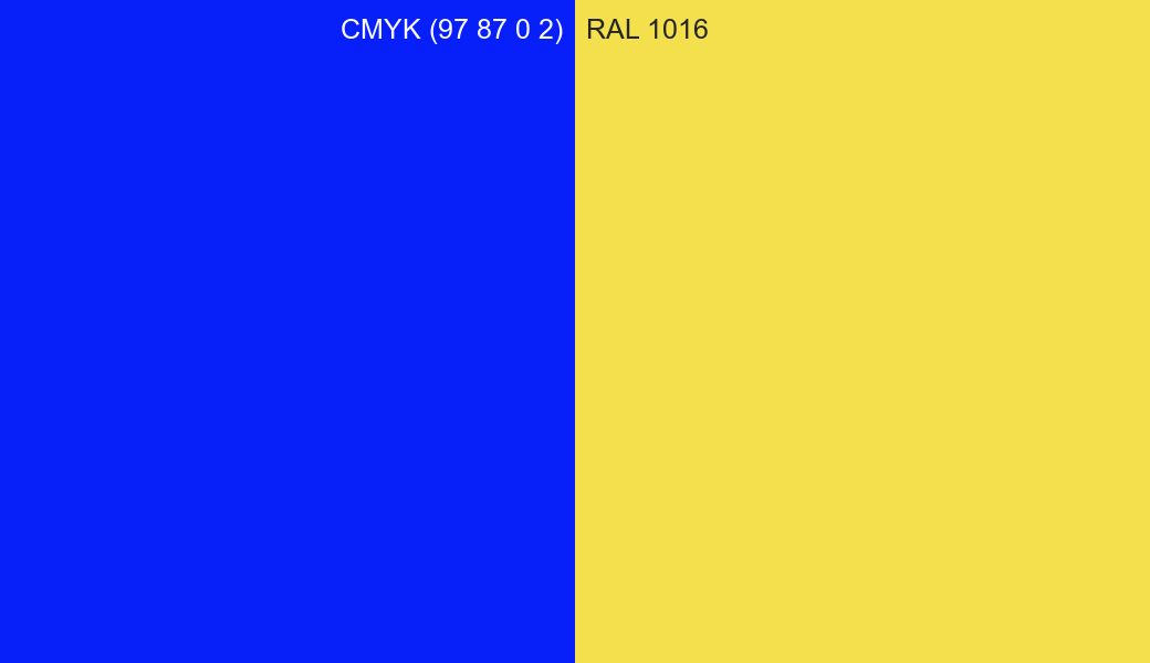 CMYK Color CMYK (97 87 0 2) vs RAL 1016 side by side comparison CMYK Color CMYK (97 87 0 2) vs RAL 1016 side by side comparison