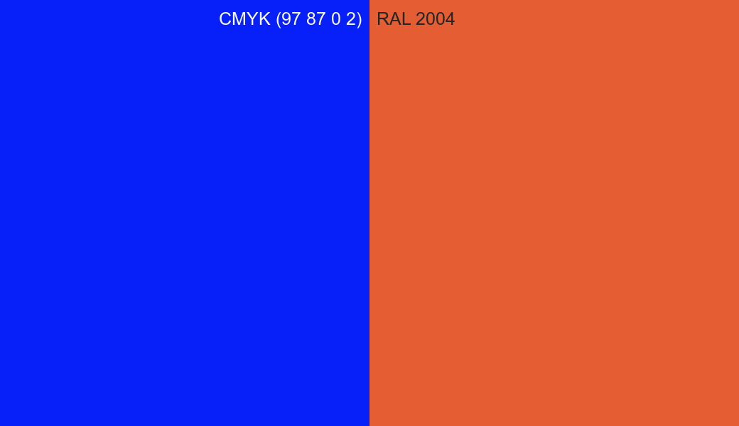 CMYK Color CMYK (97 87 0 2) vs RAL 2004 side by side comparison CMYK Color CMYK (97 87 0 2) vs RAL 2004 side by side comparison